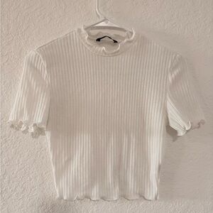 White Ribbed Ruffle Trim Top